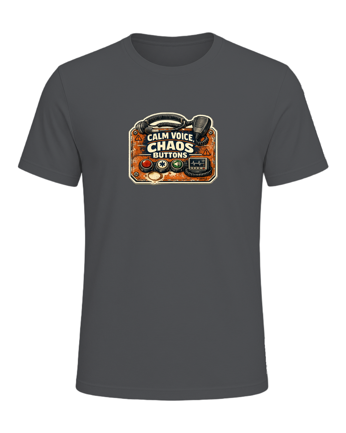 Calm Voice, Chaos Buttons Tee — Asphalt