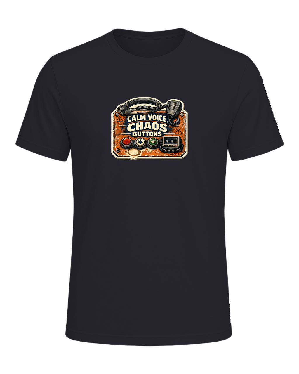 Calm Voice, Chaos Buttons Tee — Dark Grey