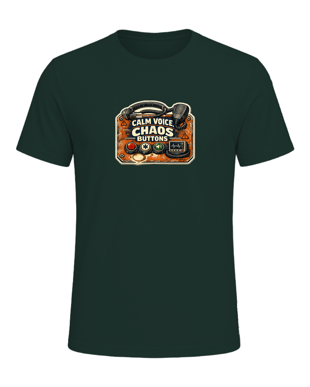 Calm Voice, Chaos Buttons Tee — Forest