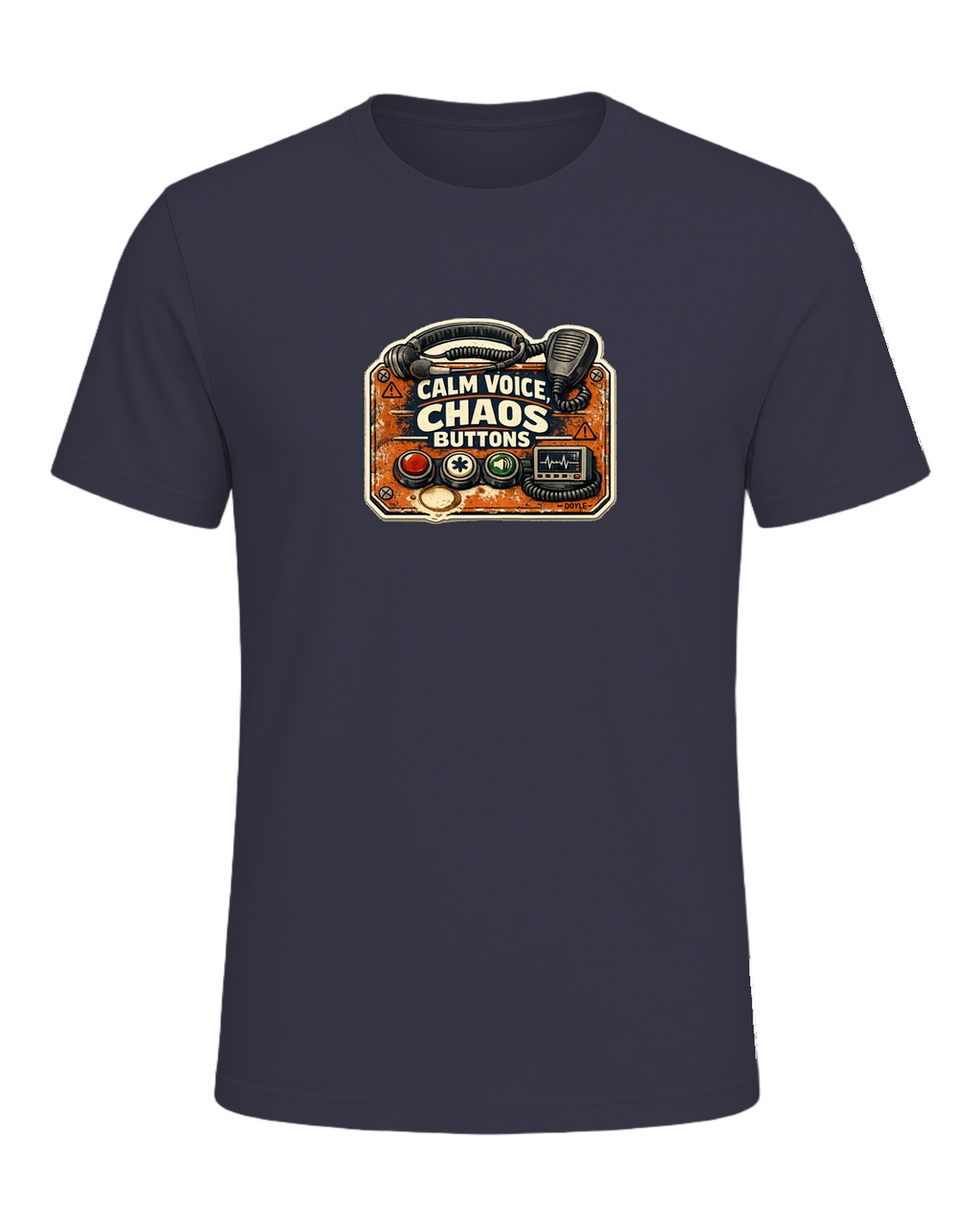 Calm Voice, Chaos Buttons Tee — Heather Midnight Navy