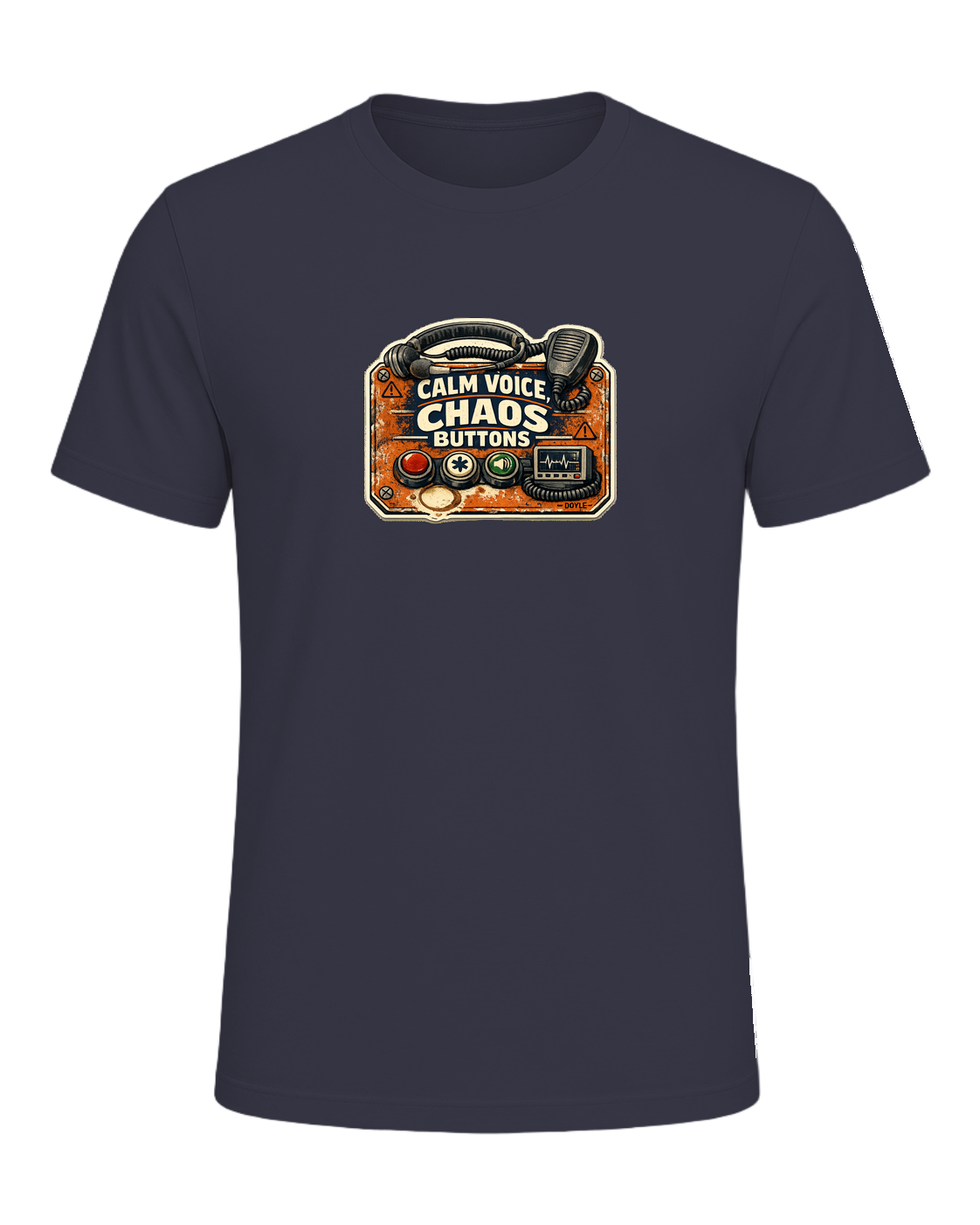Calm Voice, Chaos Buttons Tee — Heather Midnight Navy