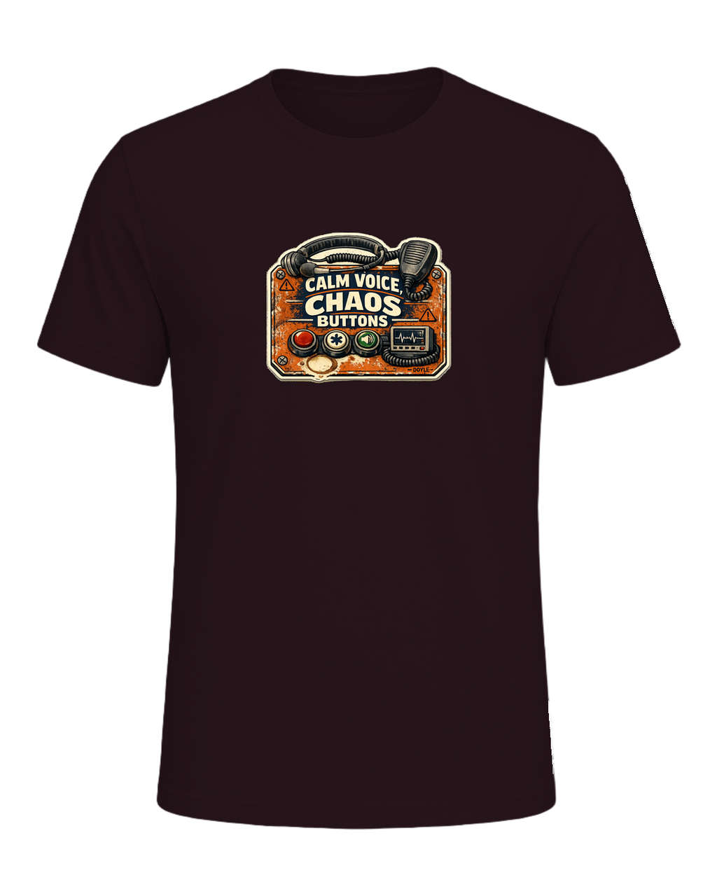 Calm Voice, Chaos Buttons Tee — Oxblood Black