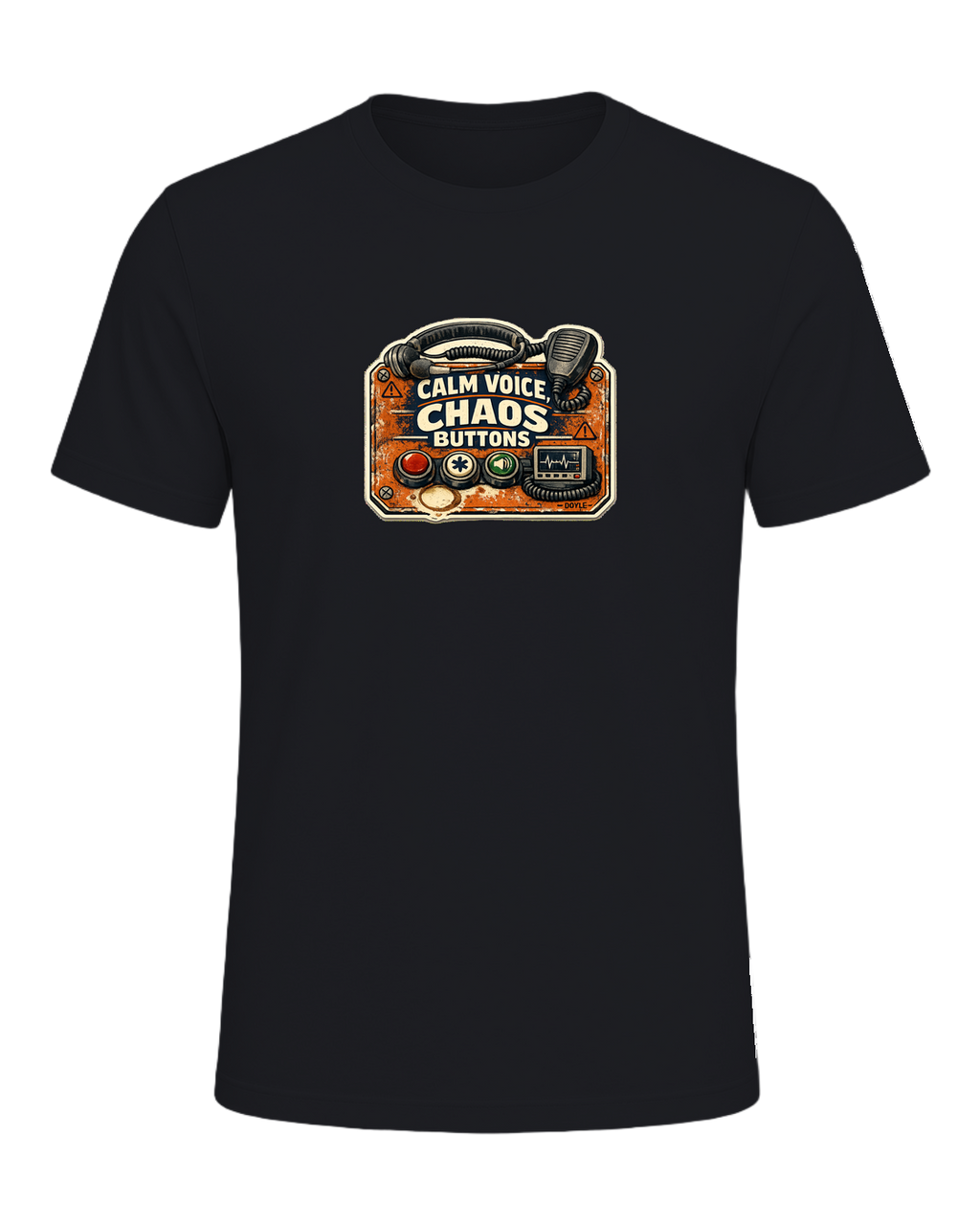 Calm Voice, Chaos Buttons Tee — Vintage Black