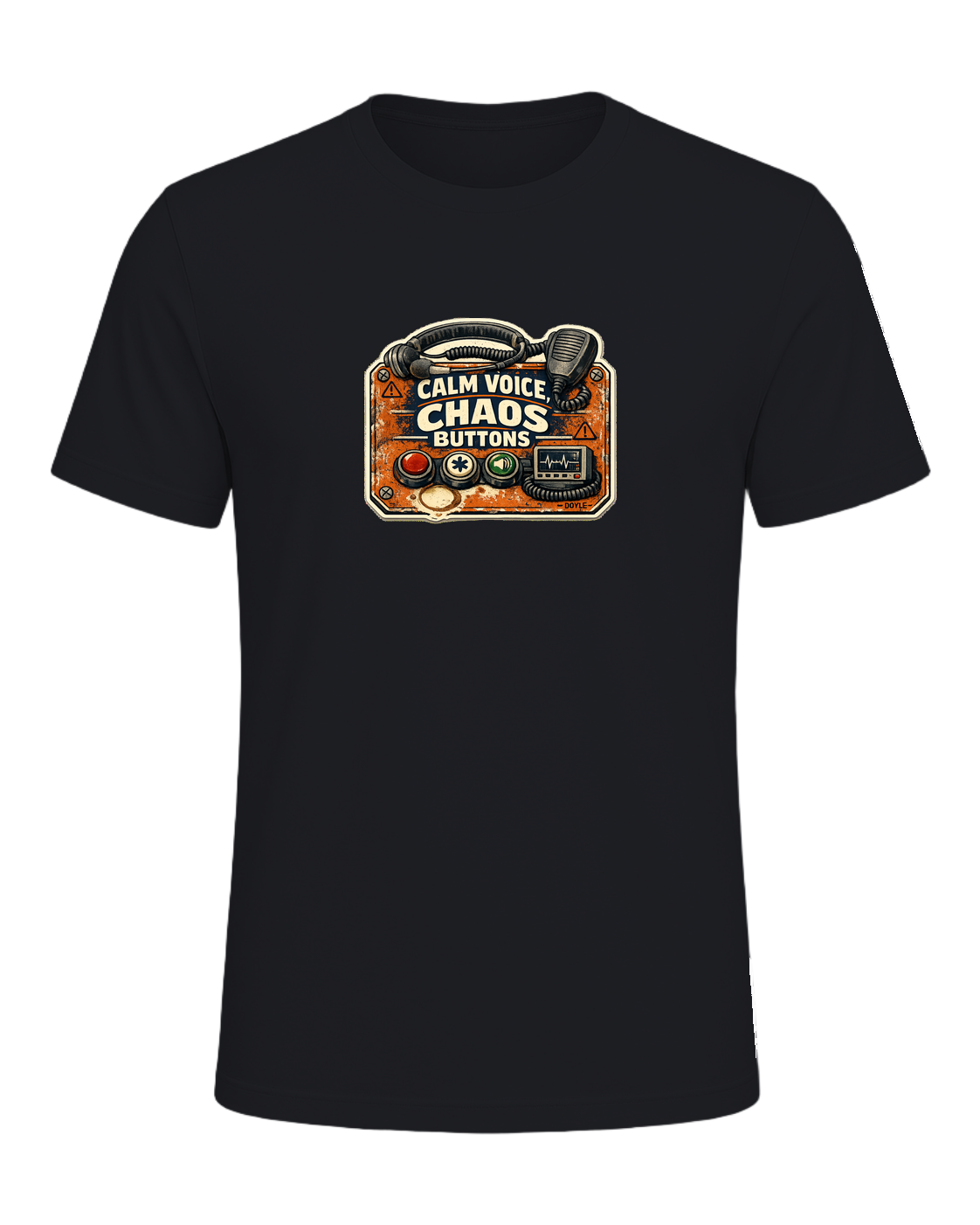 Calm Voice, Chaos Buttons Tee — Vintage Black