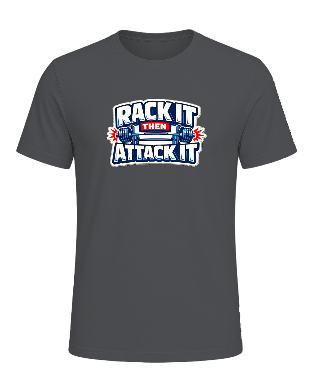 A loud rack-day barbell tee for lifters who load the bar and attack the set. — Asphalt