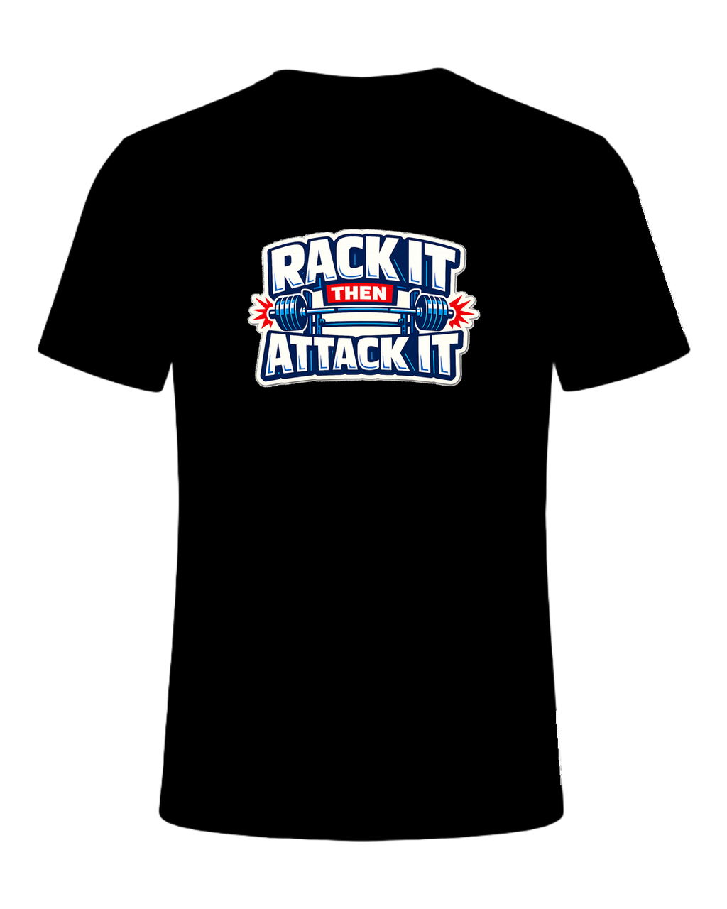 A loud rack-day barbell tee for lifters who load the bar and attack the set. — Black