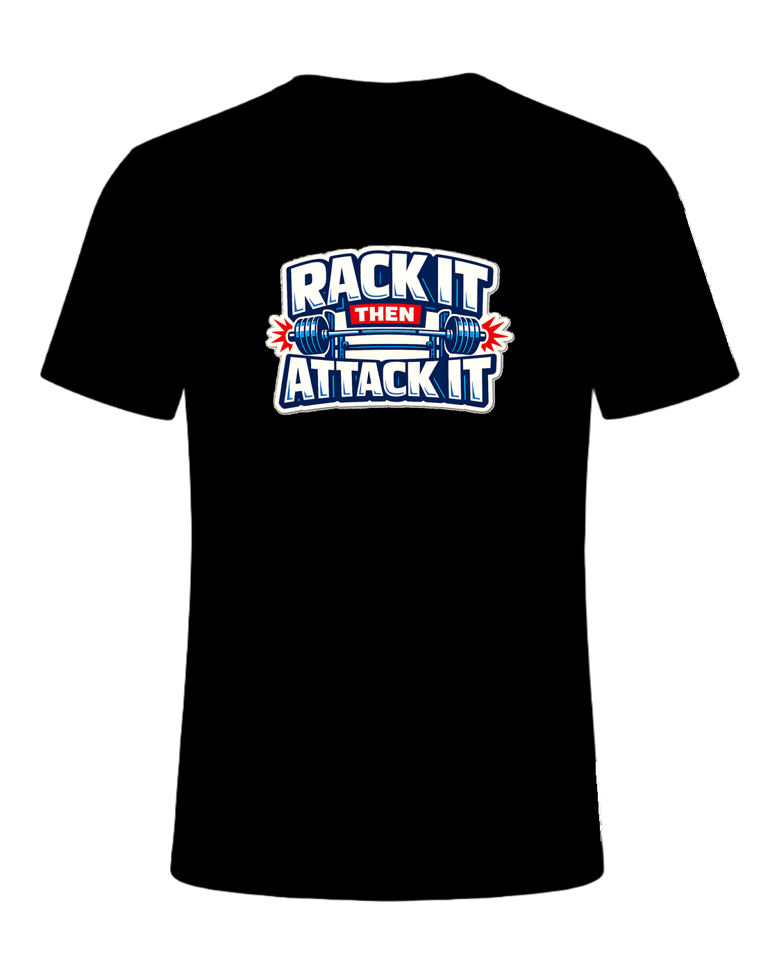 A loud rack-day barbell tee for lifters who load the bar and attack the set. — Black