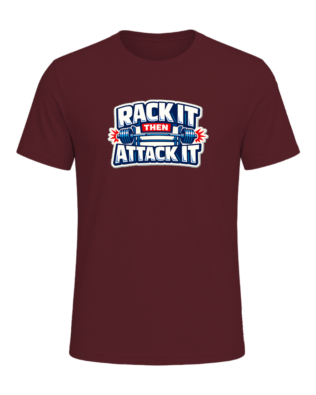 A loud rack-day barbell tee for lifters who load the bar and attack the set. — Maroon
