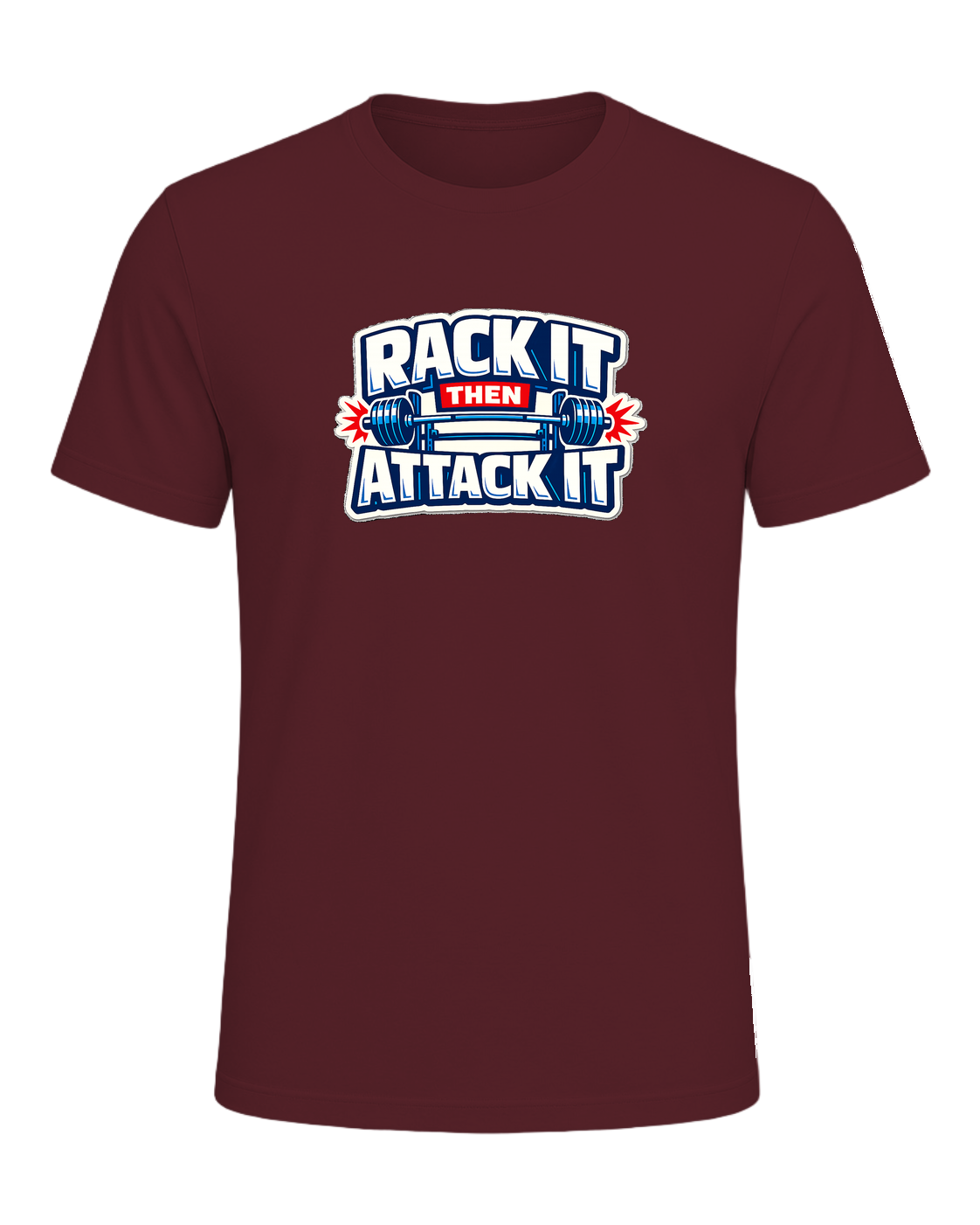 A loud rack-day barbell tee for lifters who load the bar and attack the set. — Maroon