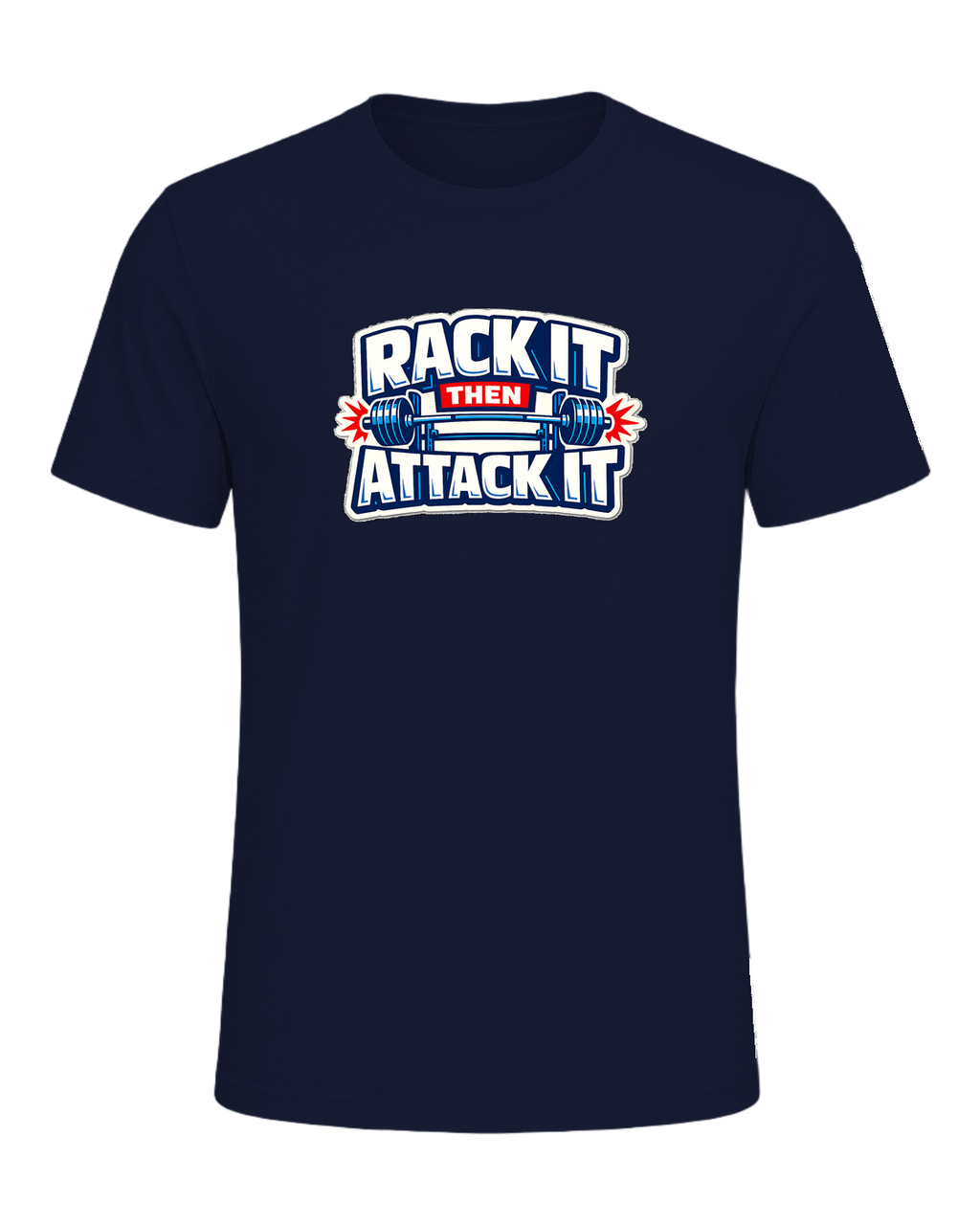 A loud rack-day barbell tee for lifters who load the bar and attack the set. — Navy