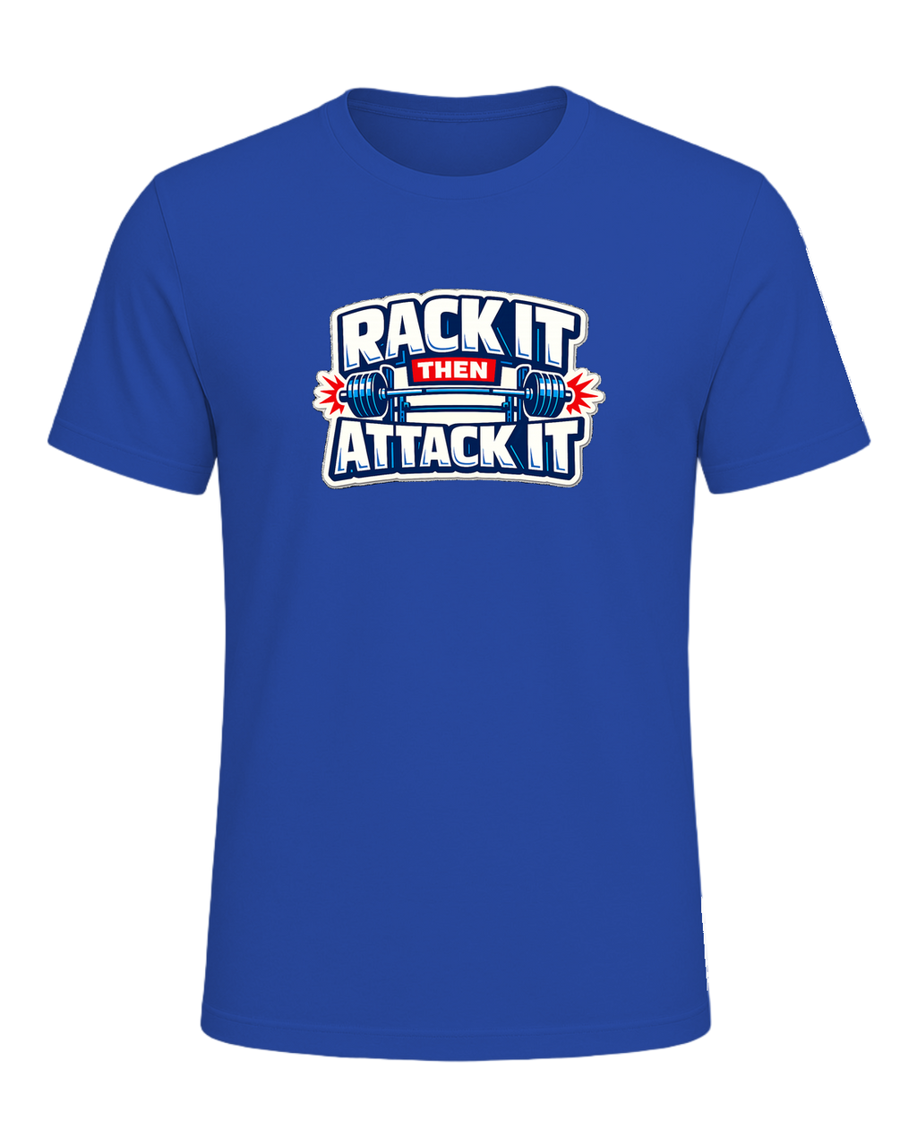 A loud rack-day barbell tee for lifters who load the bar and attack the set. — True Royal