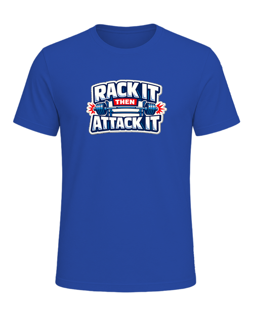 A loud rack-day barbell tee for lifters who load the bar and attack the set. — True Royal