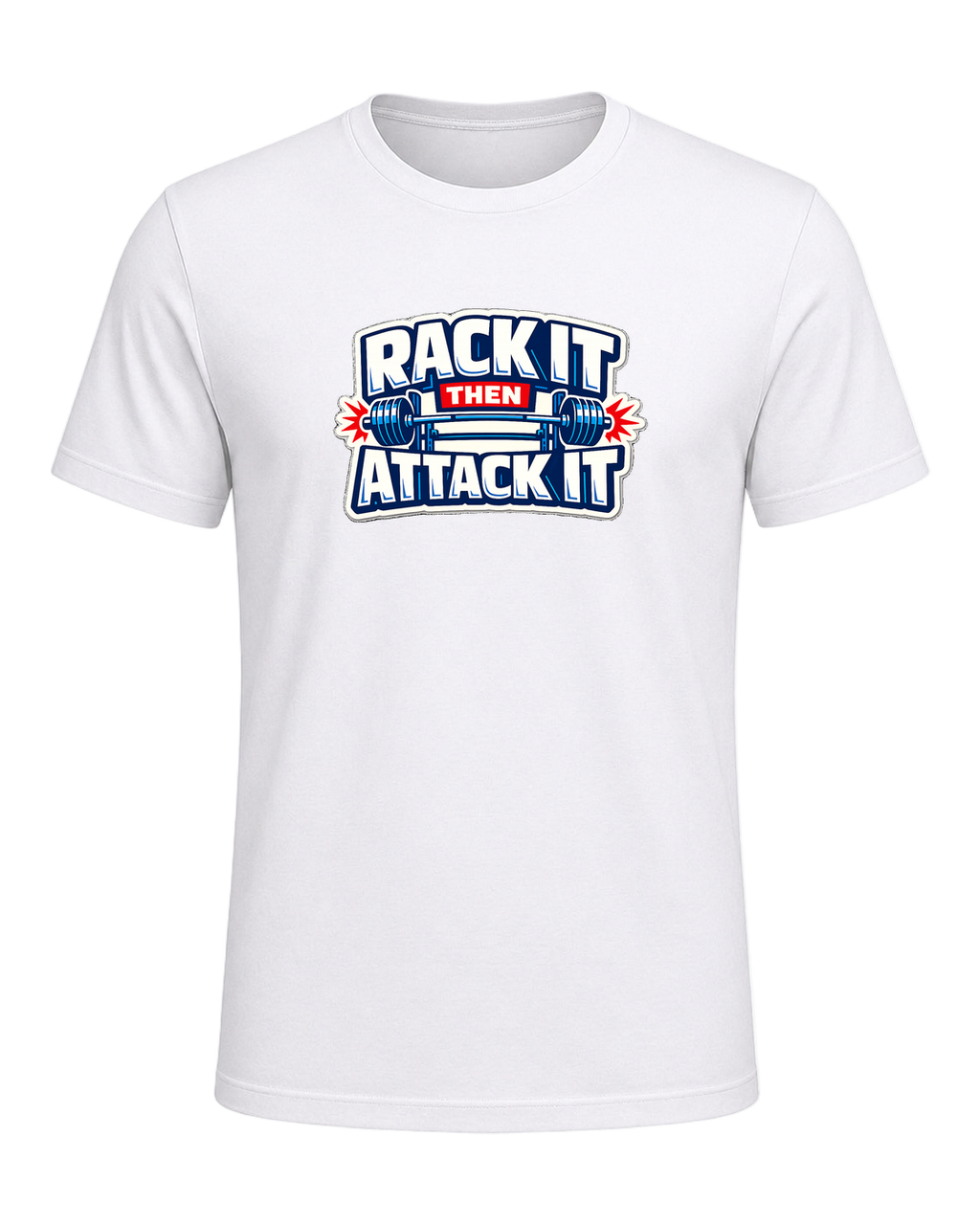 A loud rack-day barbell tee for lifters who load the bar and attack the set. — White