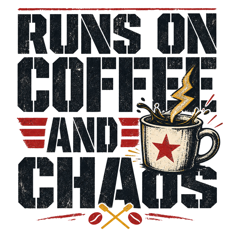 Funny Caffeine T-Shirt — Runs on Coffee and Chaos