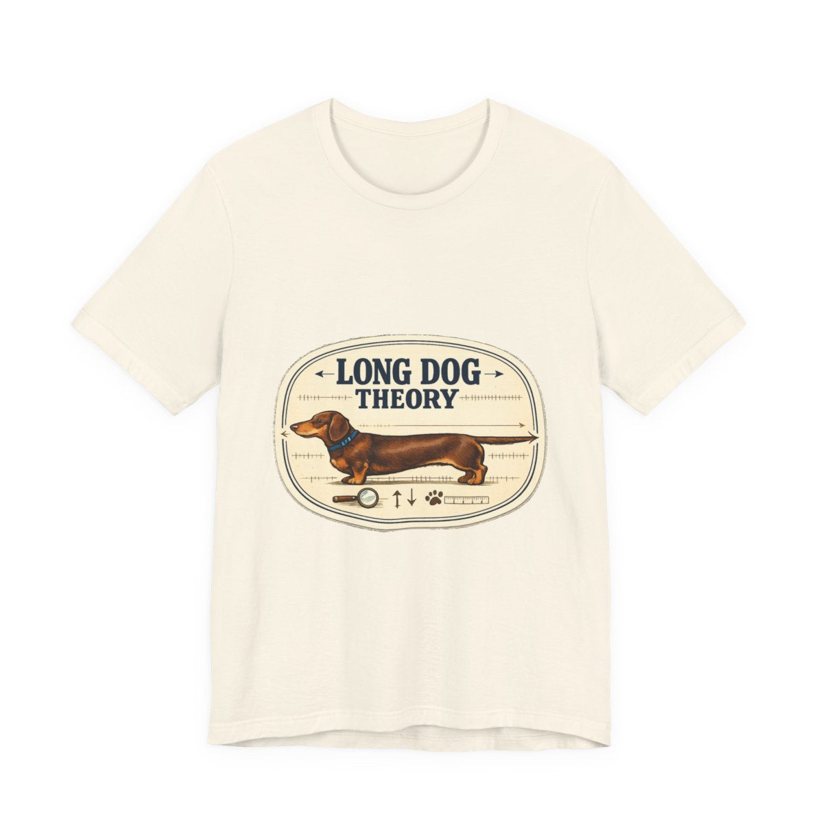 A clever vintage field-note dachshund tee for believers in LONG DOG THEORY. — Natural