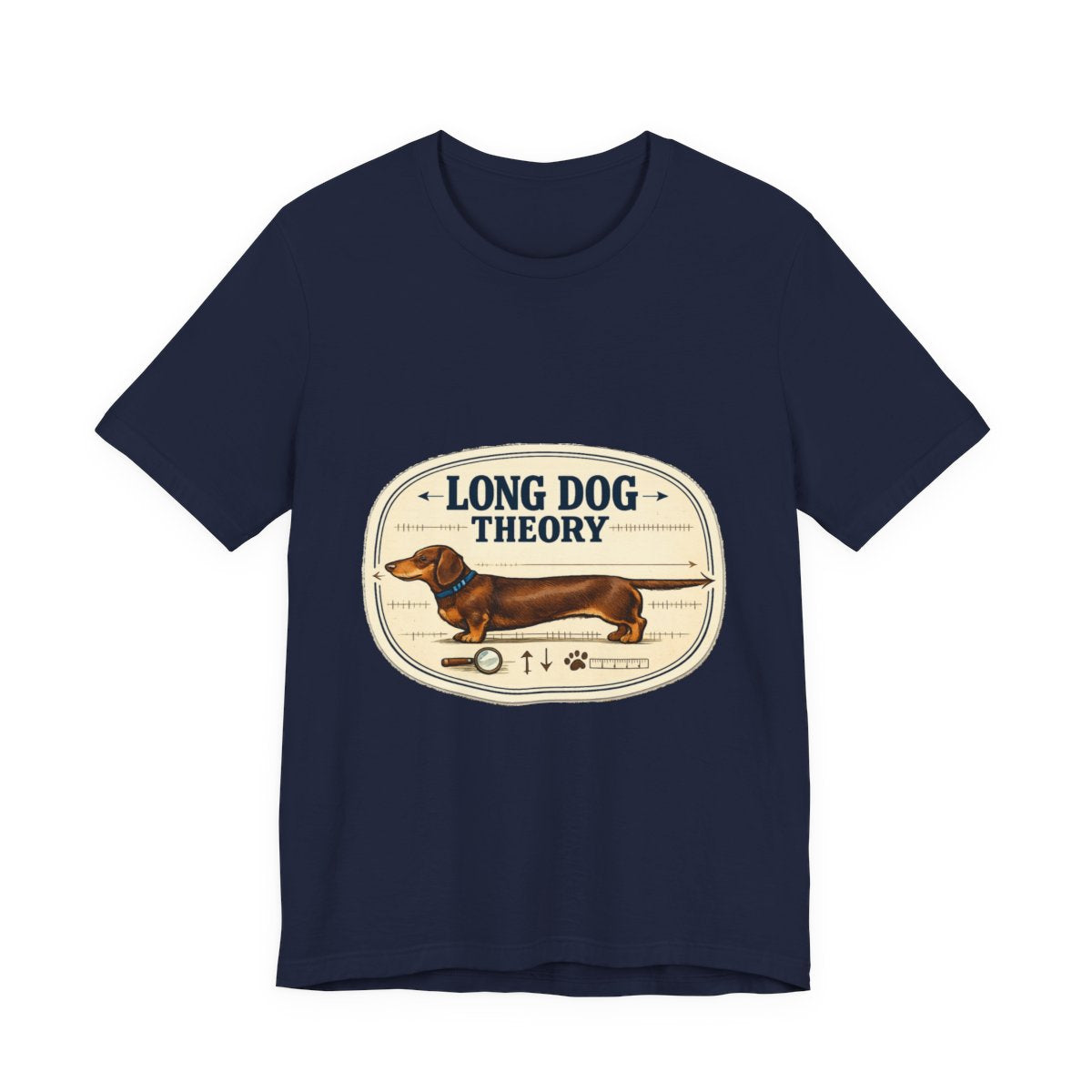 A clever vintage field-note dachshund tee for believers in LONG DOG THEORY. — Navy