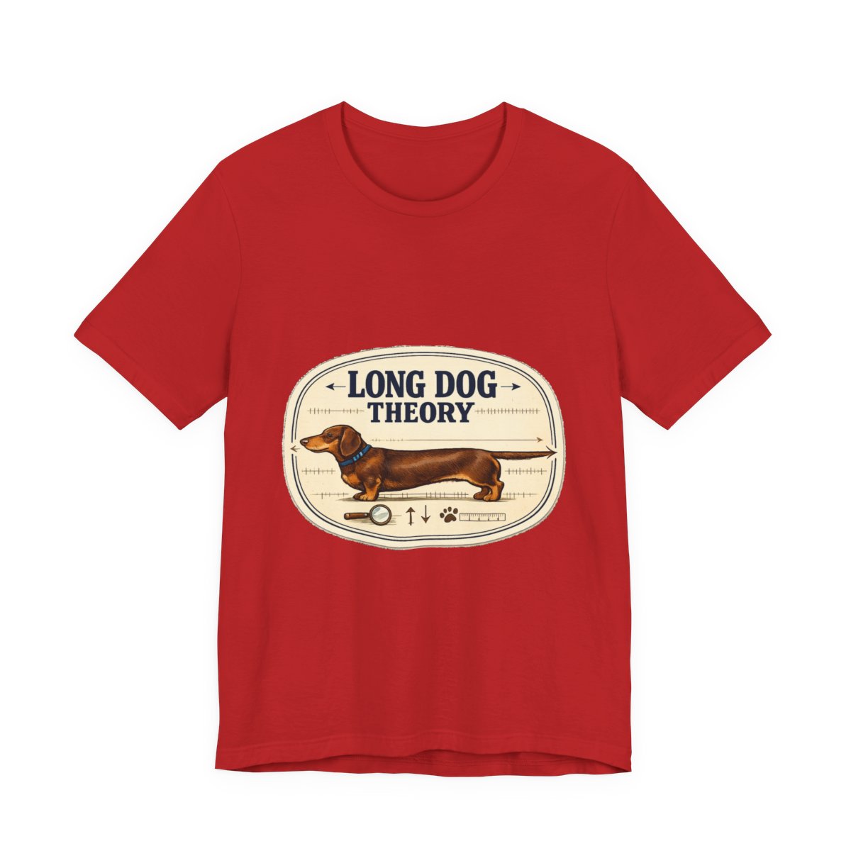 A clever vintage field-note dachshund tee for believers in LONG DOG THEORY. — Red