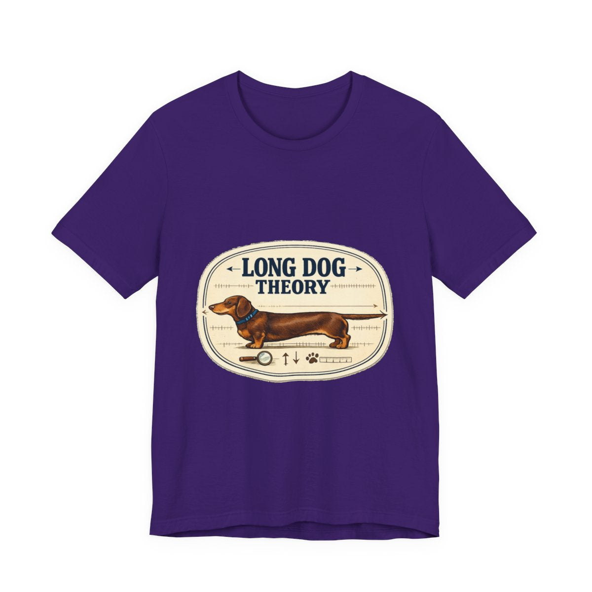 A clever vintage field-note dachshund tee for believers in LONG DOG THEORY. — Team Purple